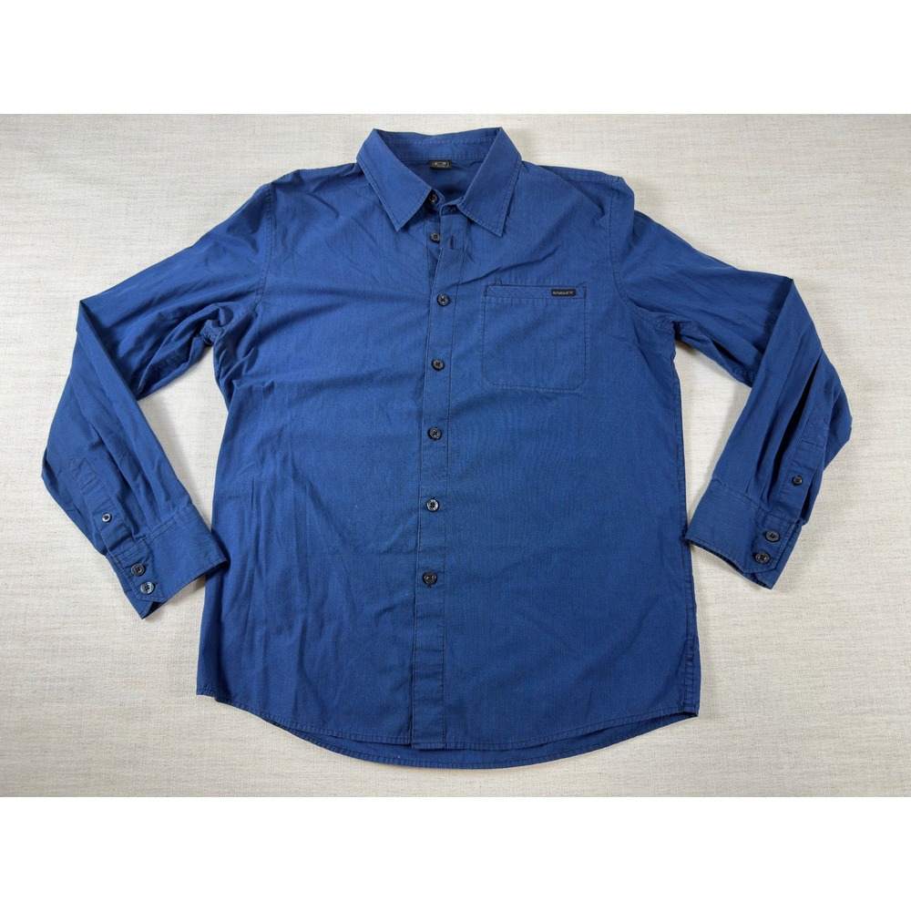 Oakley Mens Blue Micro Grid Long Sleeve Button Down Shirt Size M Pocket Logo